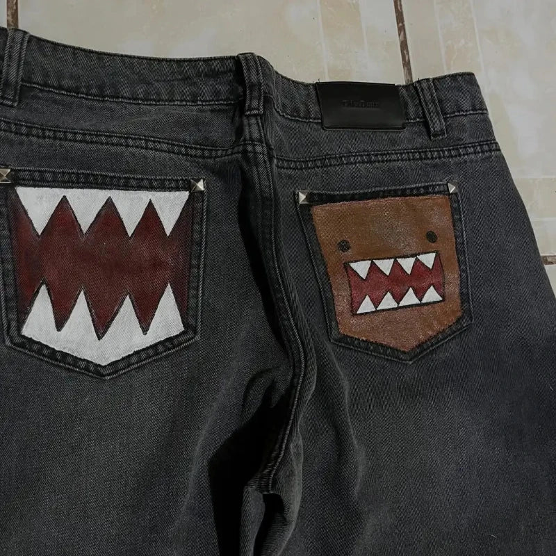 Men's Tooth Embroidered Wide Leg Denim Jeans for Casual Everyday Wear