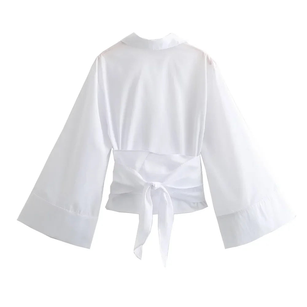 Women's Cropped Wrap Shirt with Waist Tie