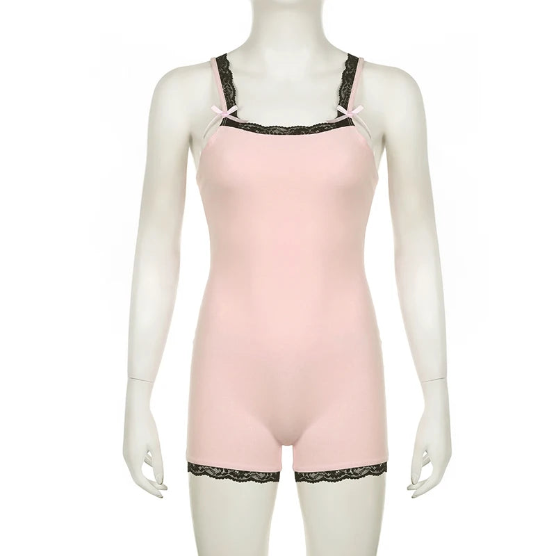 Women's Lace Trim Polyester Blend Sleep Romper with Thin Straps