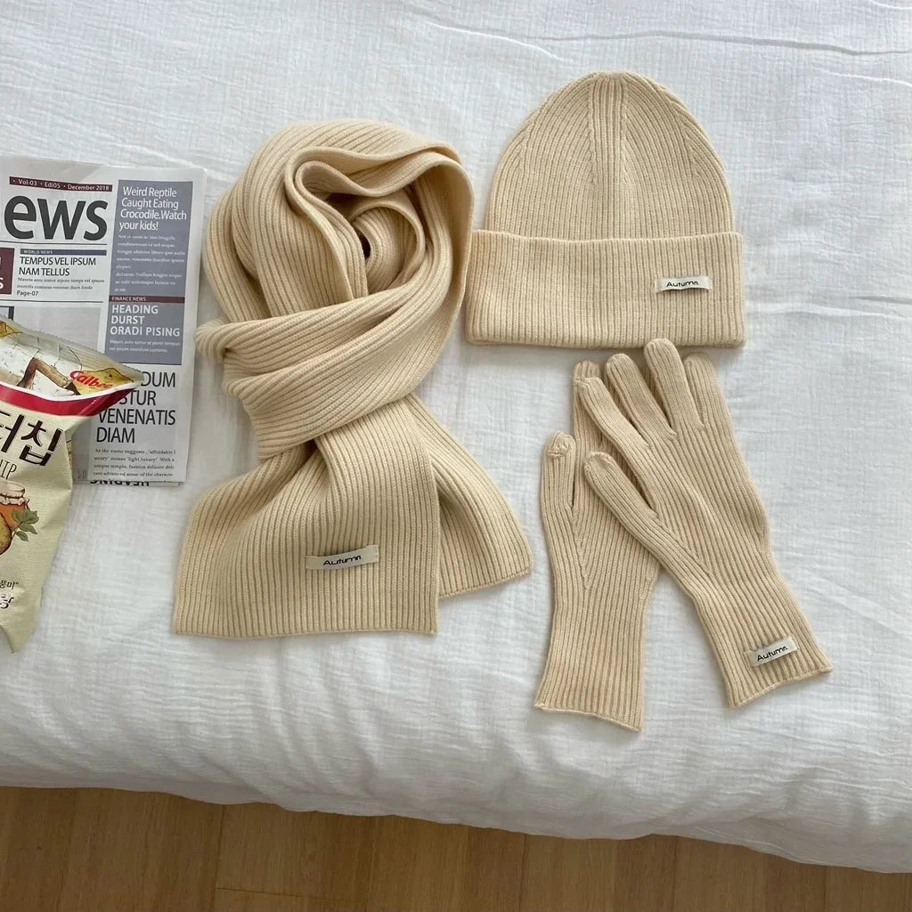 Women's Solid Knitted Hat Scarf and Gloves Set for Winter Wear