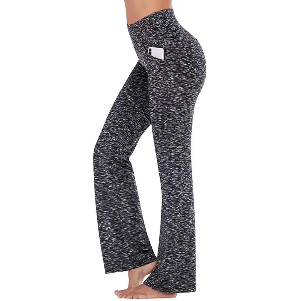 Women's High Waist Polyester Flared Workout Pants with Side Pockets