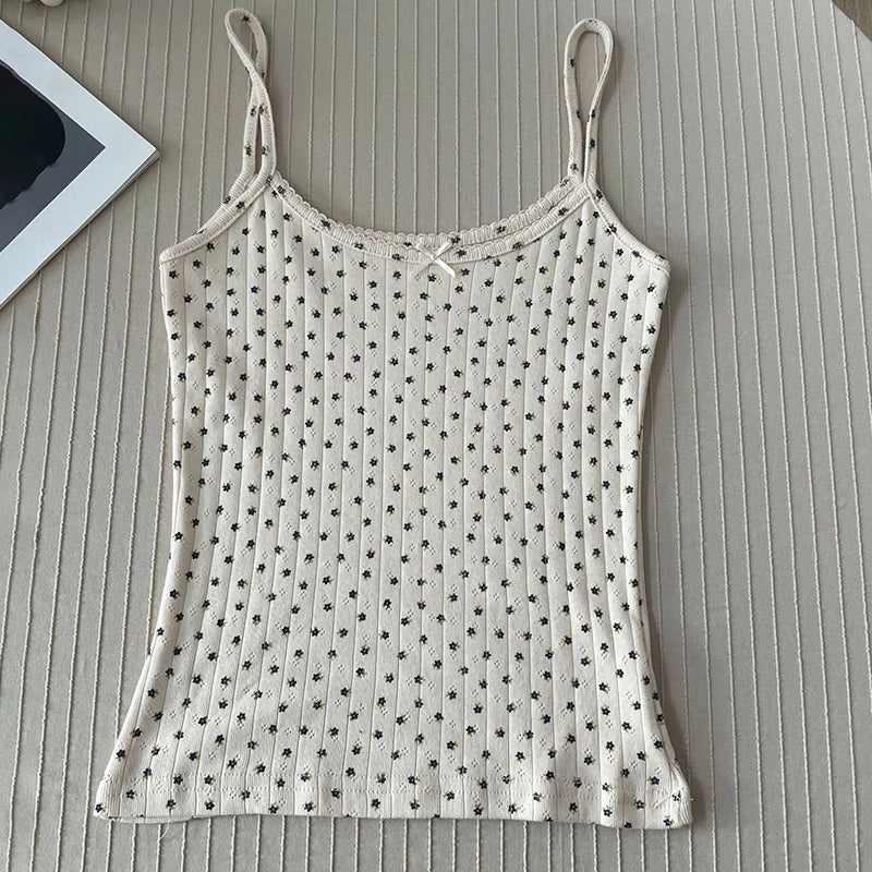 Women's Lace Trim Cotton Camisole with Bow Detail and Multiple Pattern Options