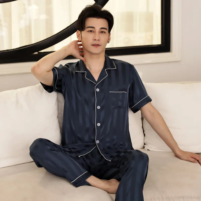 Men's Printed Lapel Button Front Shirt and Pants Pajama Set