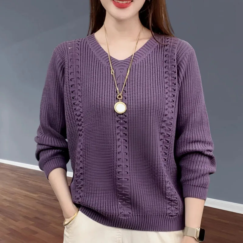 Women's V Neck Ribbed Long Sleeve Sweater Casual Knit Layer