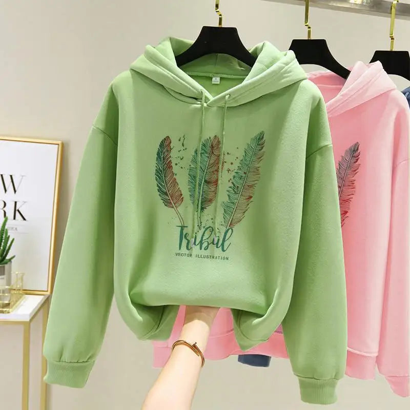 Feather Graphic Long Sleeve Pullover Casual Hoodie for Layering
