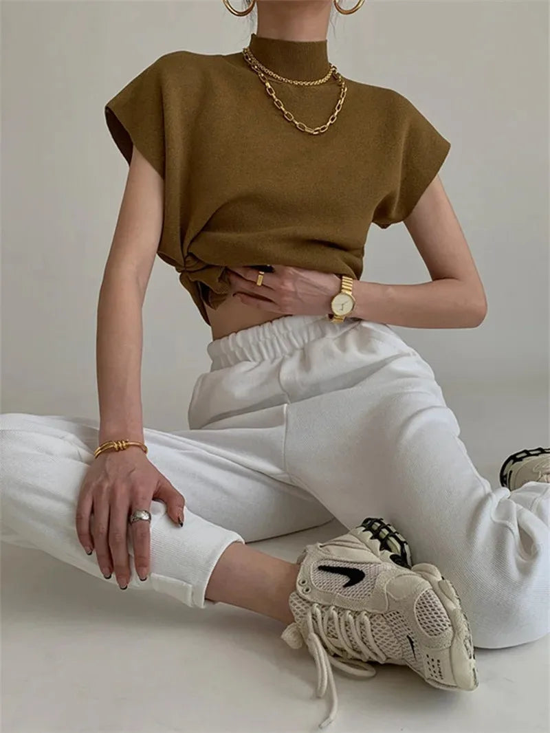 Women's Cap Sleeve Mock Neck Knit Sweater Casual Knit Layer