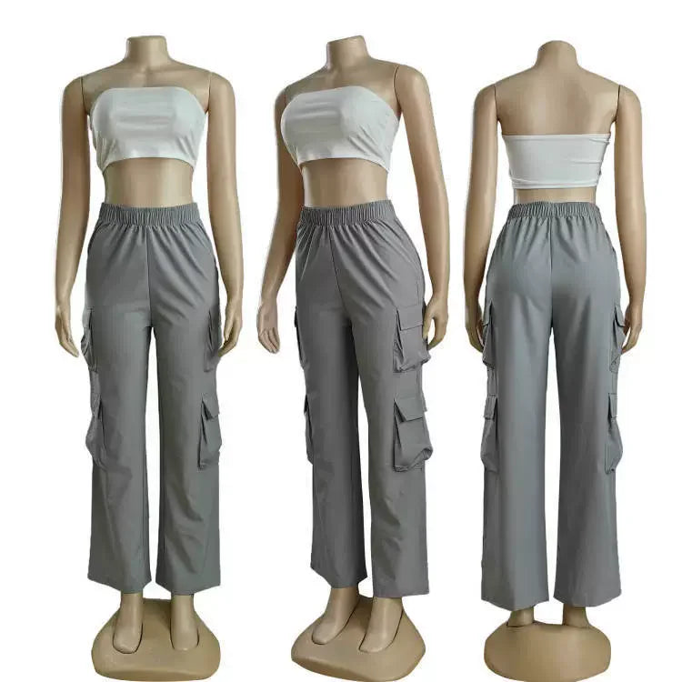 Women's Straight Cargo Pants with Elastic Waist and Large Side Pockets
