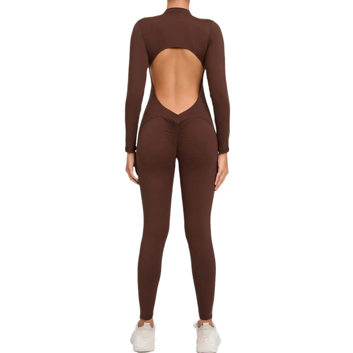 Women's Long Sleeve Nylon Blend Workout Jumpsuit with Zipper and Open Back
