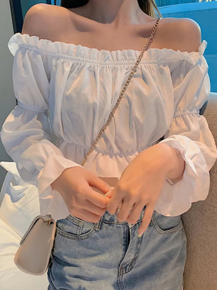 Women's Off-Shoulder Long-Puff-Sleeve Cropped Blouse in Polyester-Elastane Blend for Casual Summer Outfits