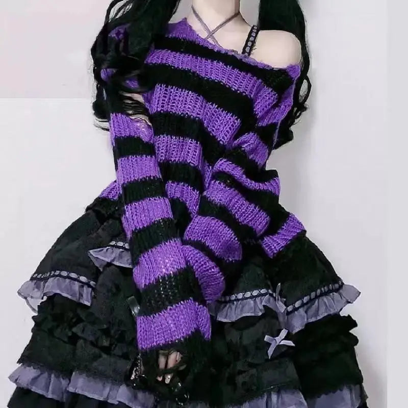 Women's Striped Long Sleeve Knit Sweater Casual Knit Layer