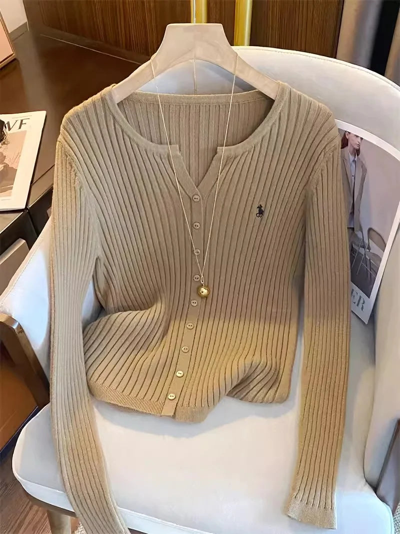 Women's Ribbed Crew Neck Button Front Cardigan Casual Knit Layer
