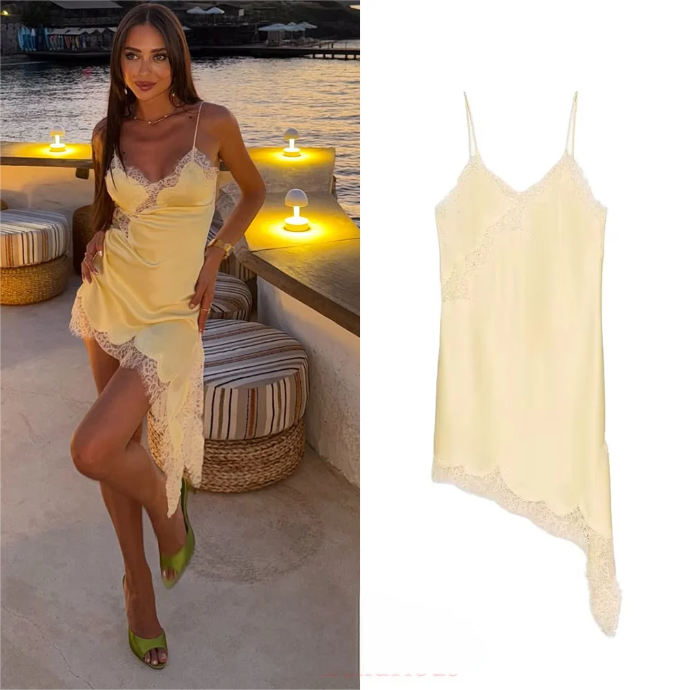 Women's Lace Trim Satin Polyester Camisole with Asymmetric Hem and Length Options