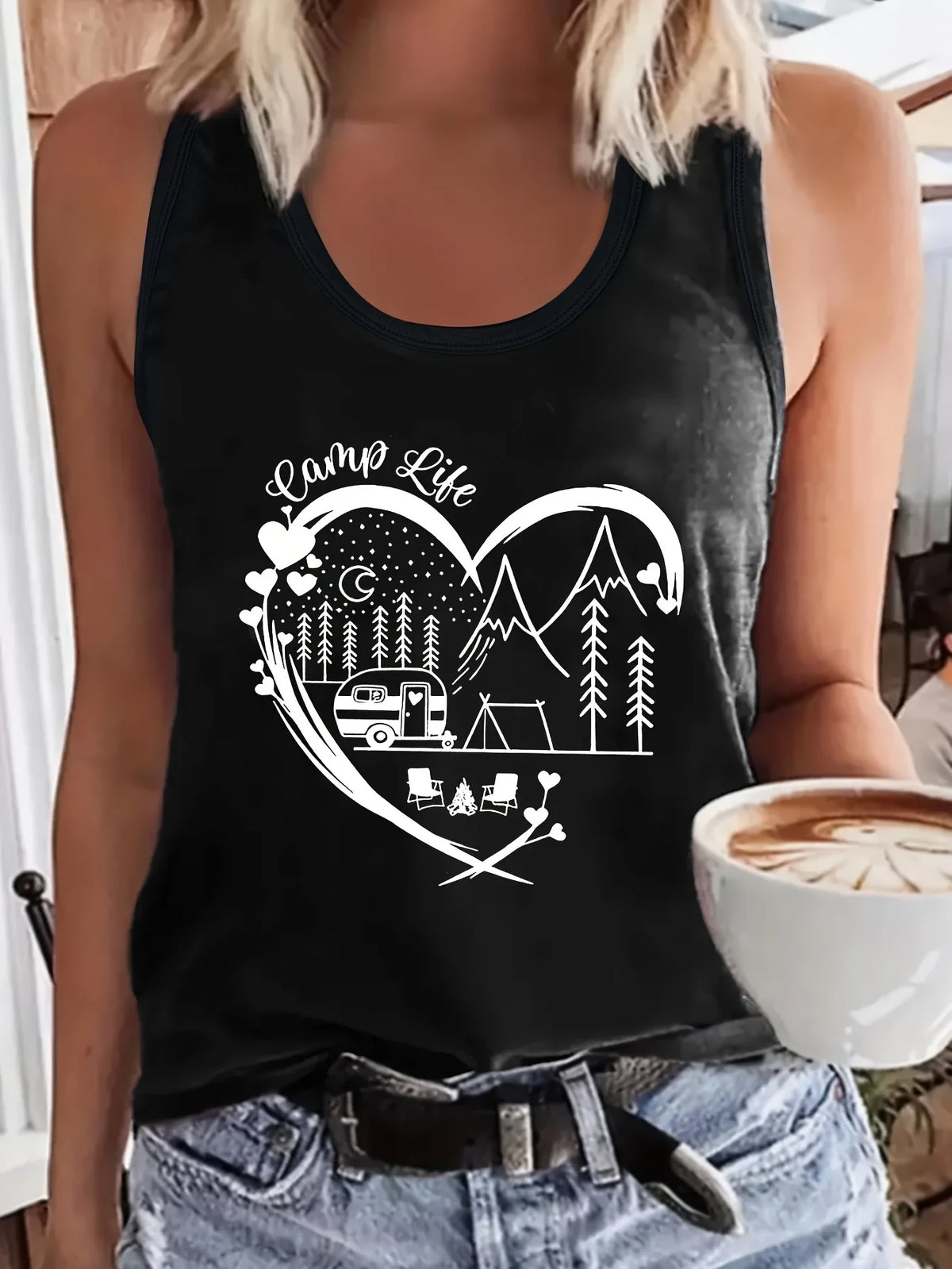 Women's Printed Polyester Tank Top with Round Neck and Relaxed Sleeveless Cut