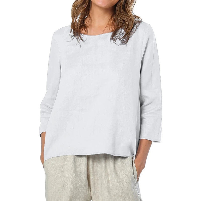 Women's Linen Loose Round-Neck Three-Quarter-Sleeve Blouse with Asymmetric Hem for Summer Outfits