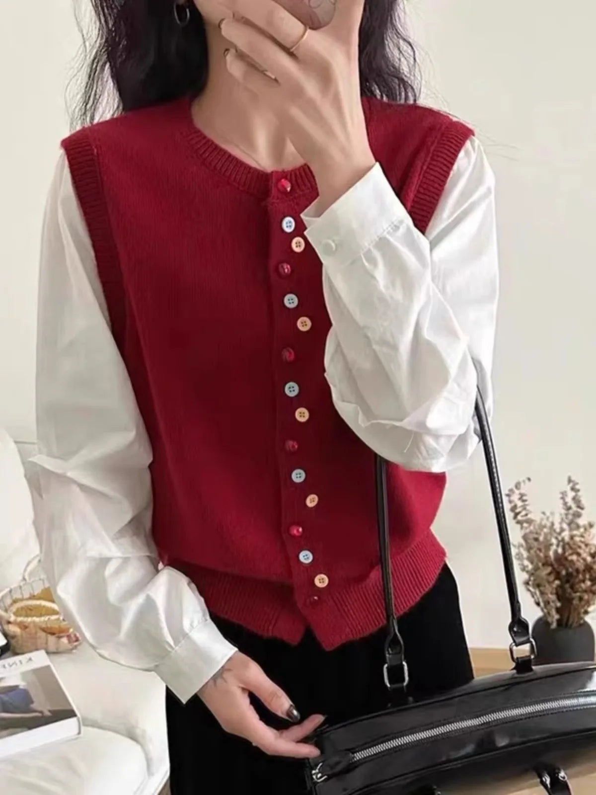 European goods color button cashmere knit vest cardigan women spring and autumn new round neck sleeveless sweater vest