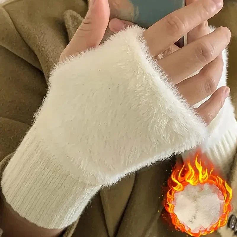 Plush Fingerless Gloves with Ribbed Knit Wrist Cuffs