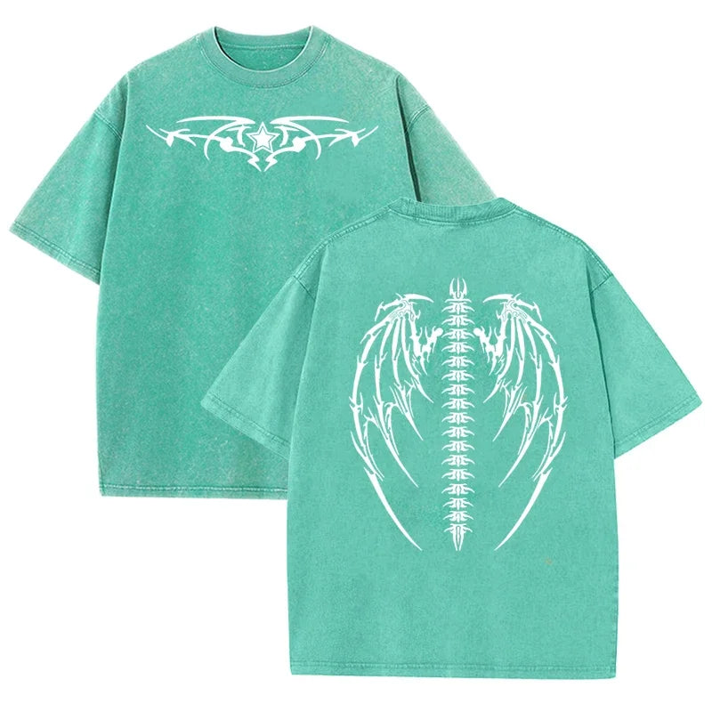 Gothic Tribal Wing Spine Print Vintage Washed Gray Y2K Casual Graphic T Shirt