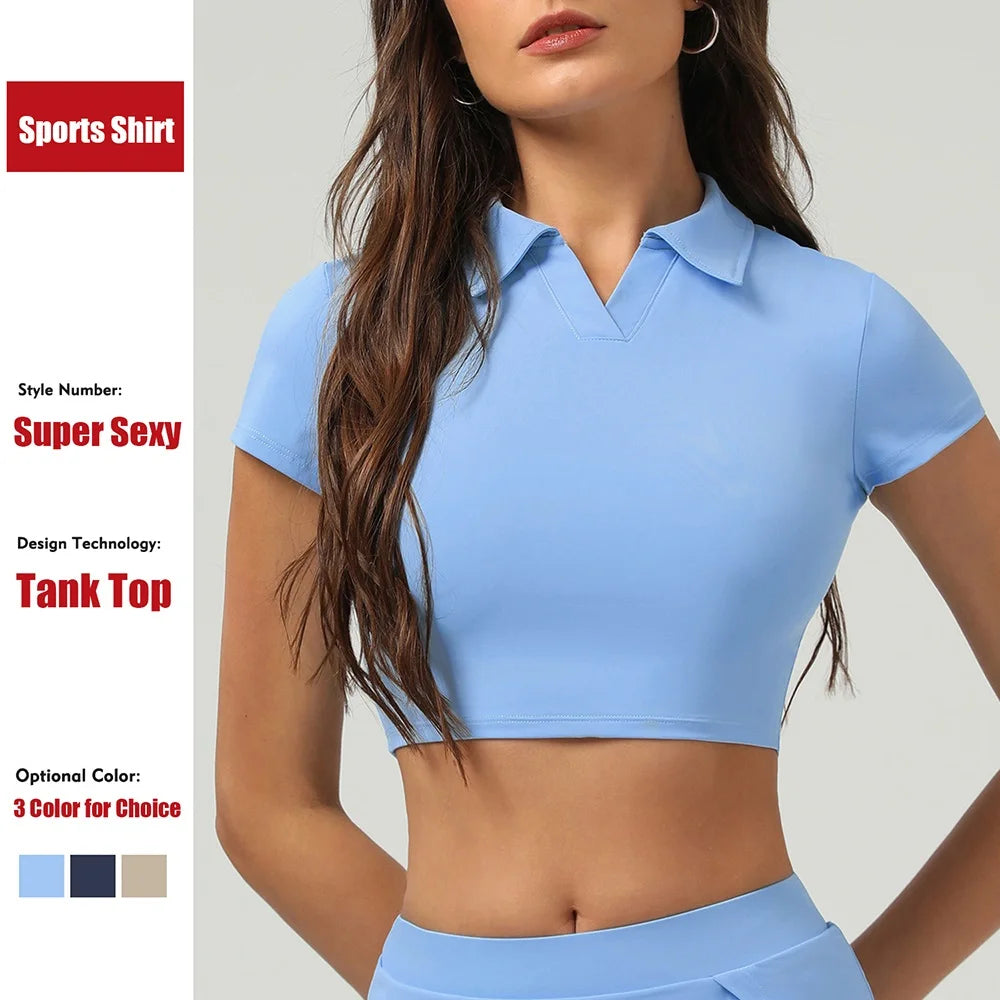 Women's Short-Sleeve Collared Workout Crop Top