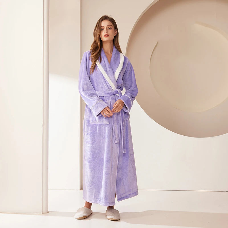 Long Flannel Fleece Tie Waist Bathrobe with Pockets