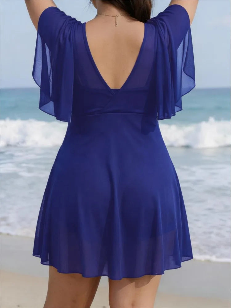Women's Flutter Sleeve V Neck Skirted Swimdress Bathing Suit