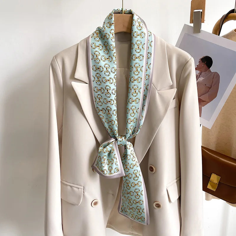 Printed Long Narrow Scarf with Decorative Ribbon Shape