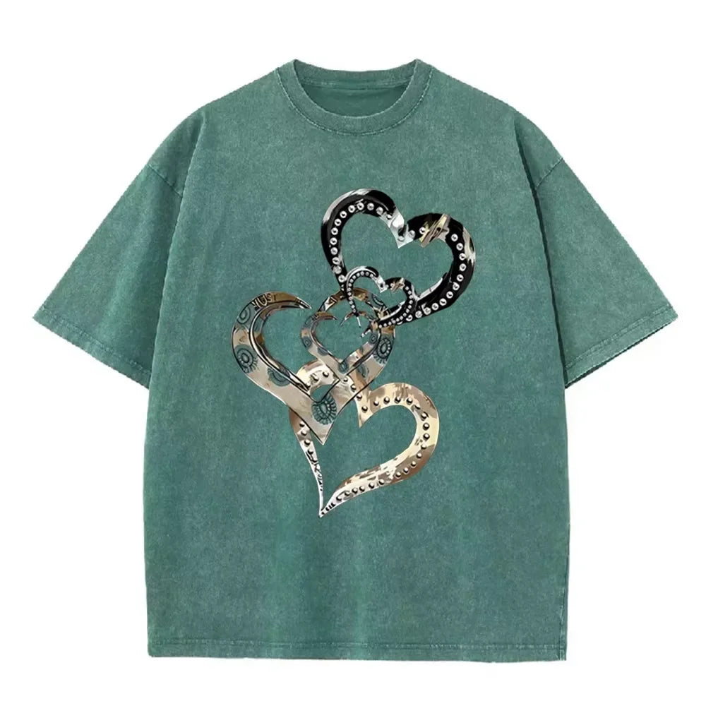 Retro Acid Wash Oversized T-shirt Metallic Multi Heart Print Punk Rivet Design Casual Street Tops