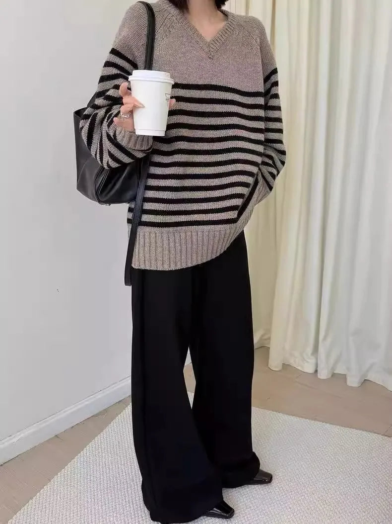 High-end V-neck striped 100% wool knitted sweater loose pullover sweater women wool base layer
