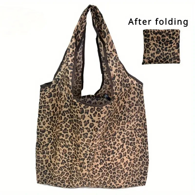 Leopard Print Foldable Tote Bag with Wide Shoulder Handles