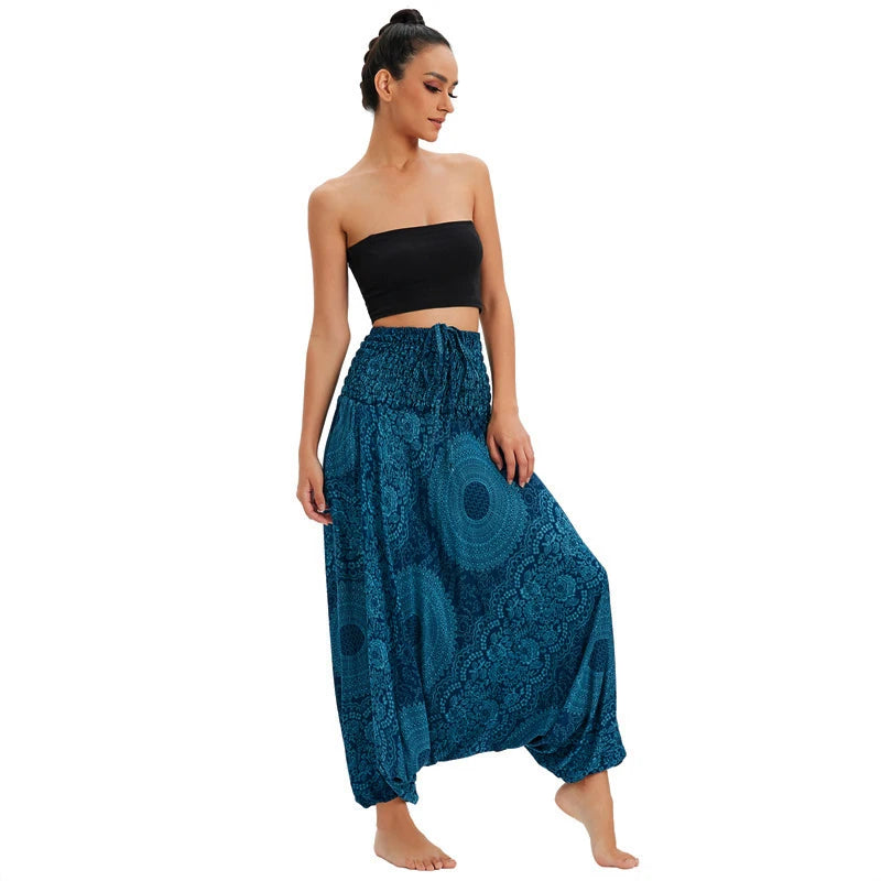 Women's Printed Rayon Harem Pants with Elastic Waist and Convertible Styling