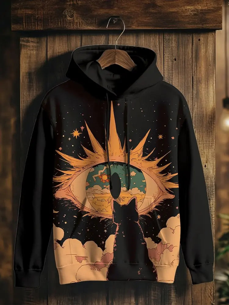 Cat Dinosaur and UFO Graphic Long-Sleeve Pullover Hoodie