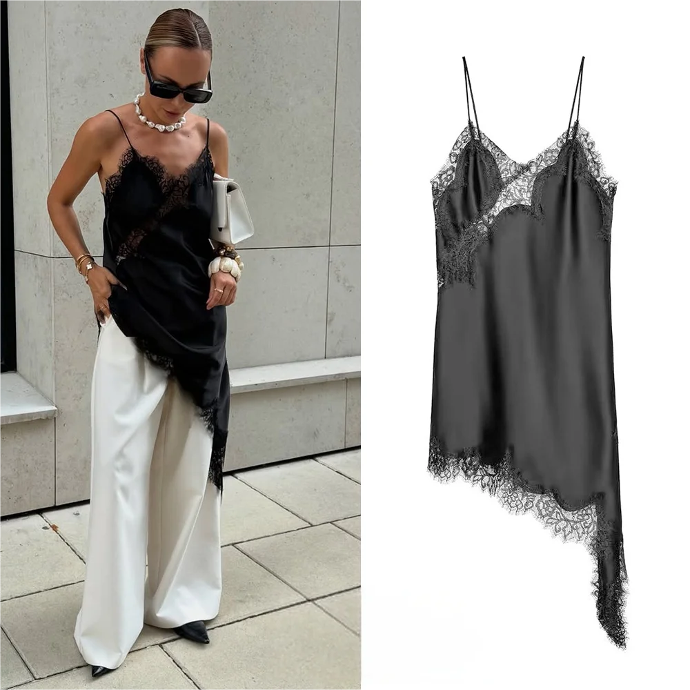 Women's Lace Trim Satin Polyester Camisole with Asymmetric Hem and Length Options