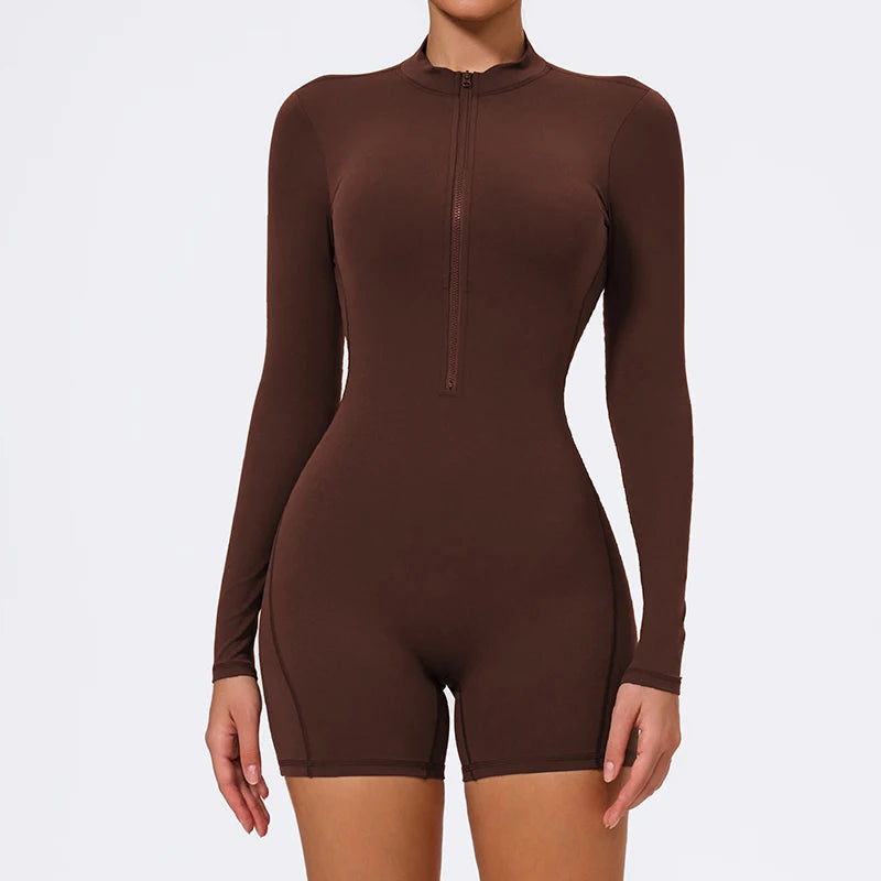 Women's Long Sleeve Nylon Blend Workout Romper with Zipper and Open Back