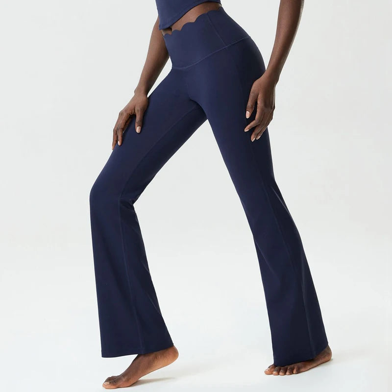 Women's High Waist Nylon Blend Flared Pants with Scalloped Waistband Edge