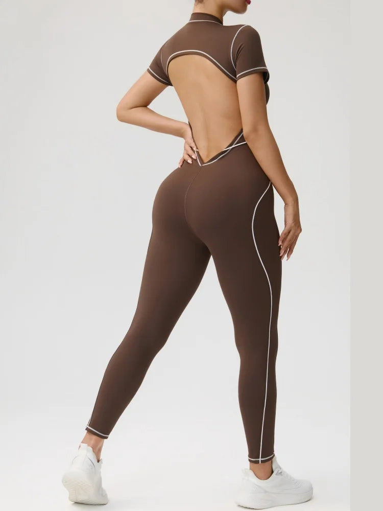 Women's Short Sleeve Nylon Blend Workout Jumpsuit with Back Cutout