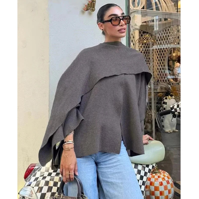 Draped Collar Button Front Poncho for Layering over Outfits
