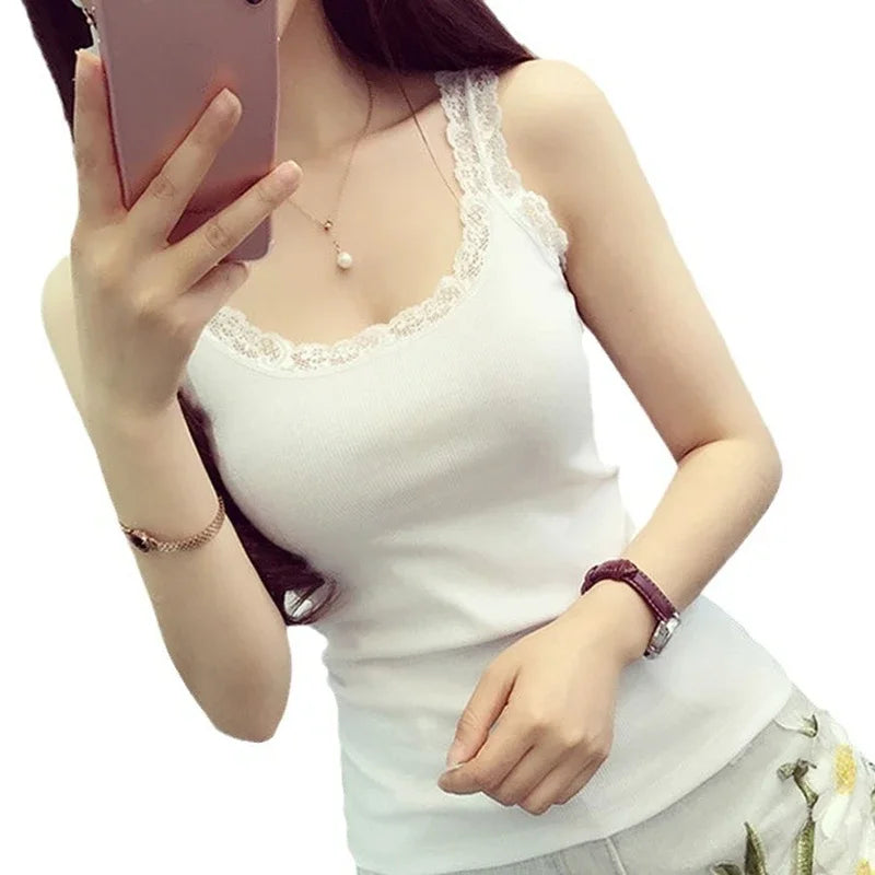 Women's Lace Trim Cotton Blend Tank Top with a Sleeveless Shape