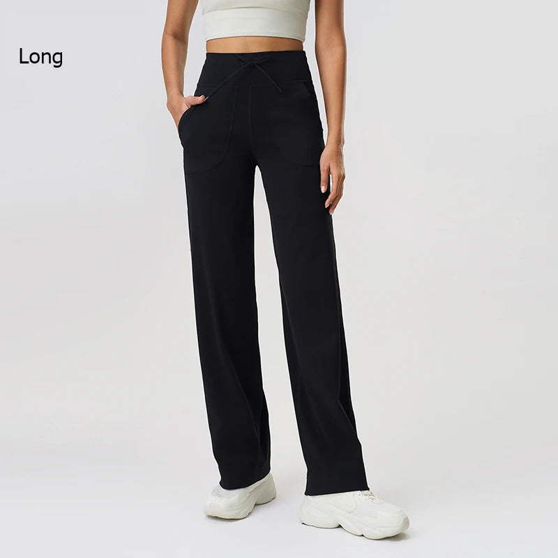 Women's Drawstring Waist Nylon Blend Wide Leg Pants with Length Options