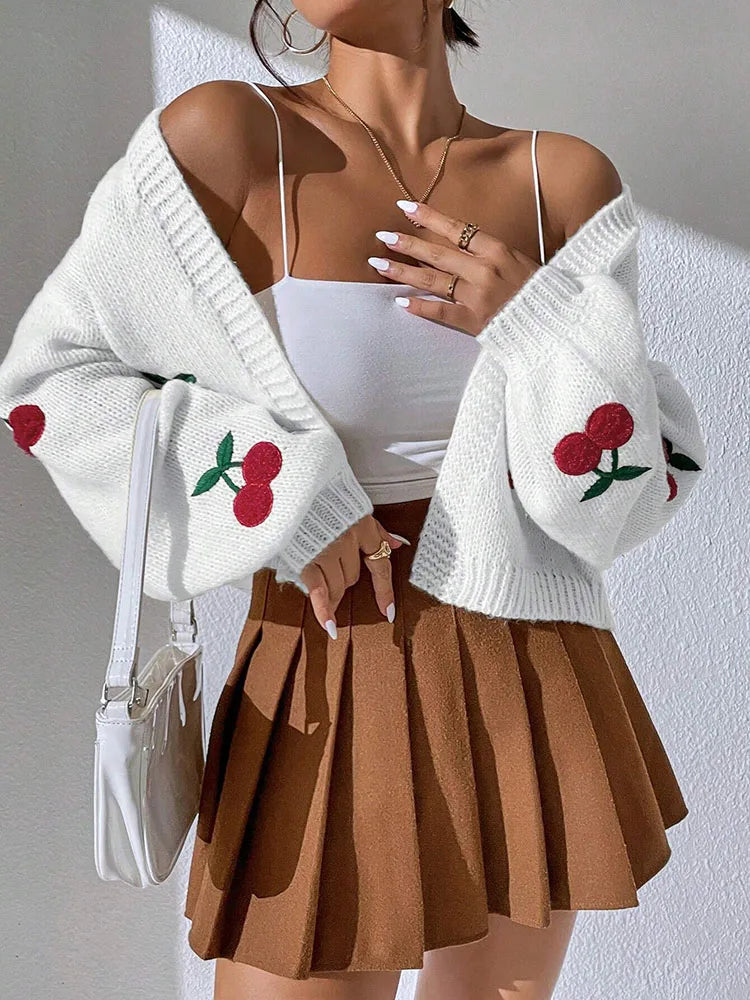 Cherry Embroidered Loose-Fit Knit Cardigan