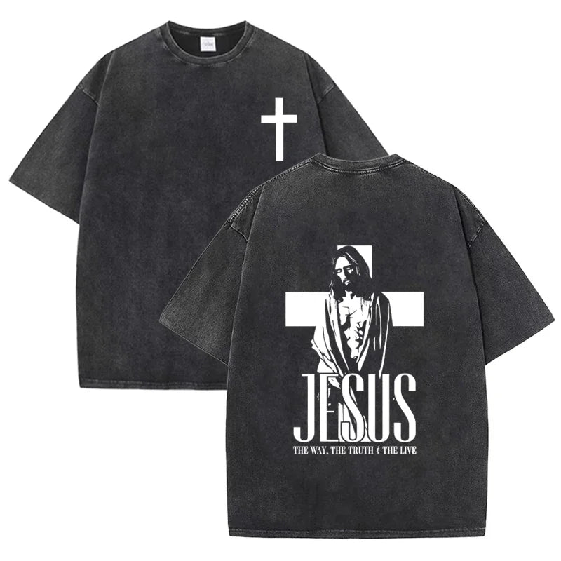 Vintage Washed Double Sided T Shirt Cross Jesus Portrait Letter Print OversizedChristianFaith StreetwearShortSleeveTeeAsian Size