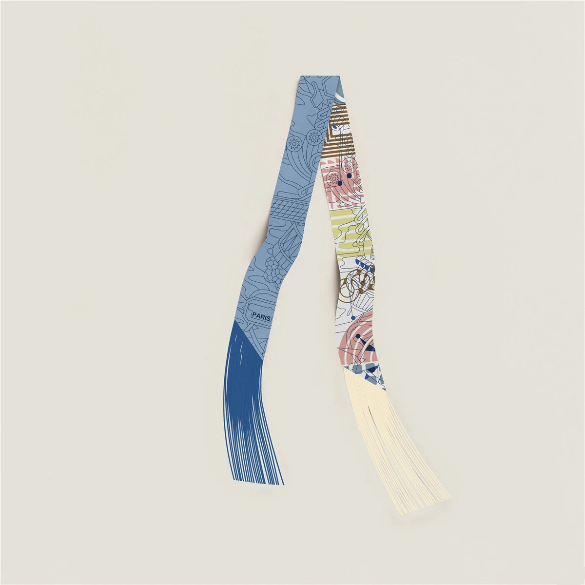 Printed Narrow Ribbon Scarf with Decorative Fringed Ends