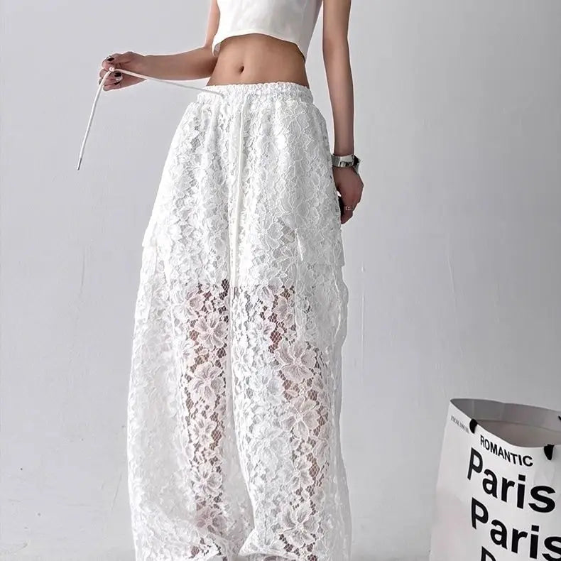 Women's Wide Leg Lace Pants with Short Lining and Pockets