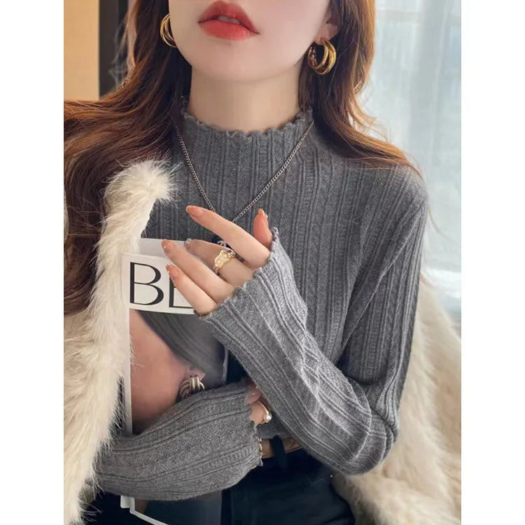 Women's Lettuce Trim Mock Neck Ribbed Sweater Casual Knit Layer