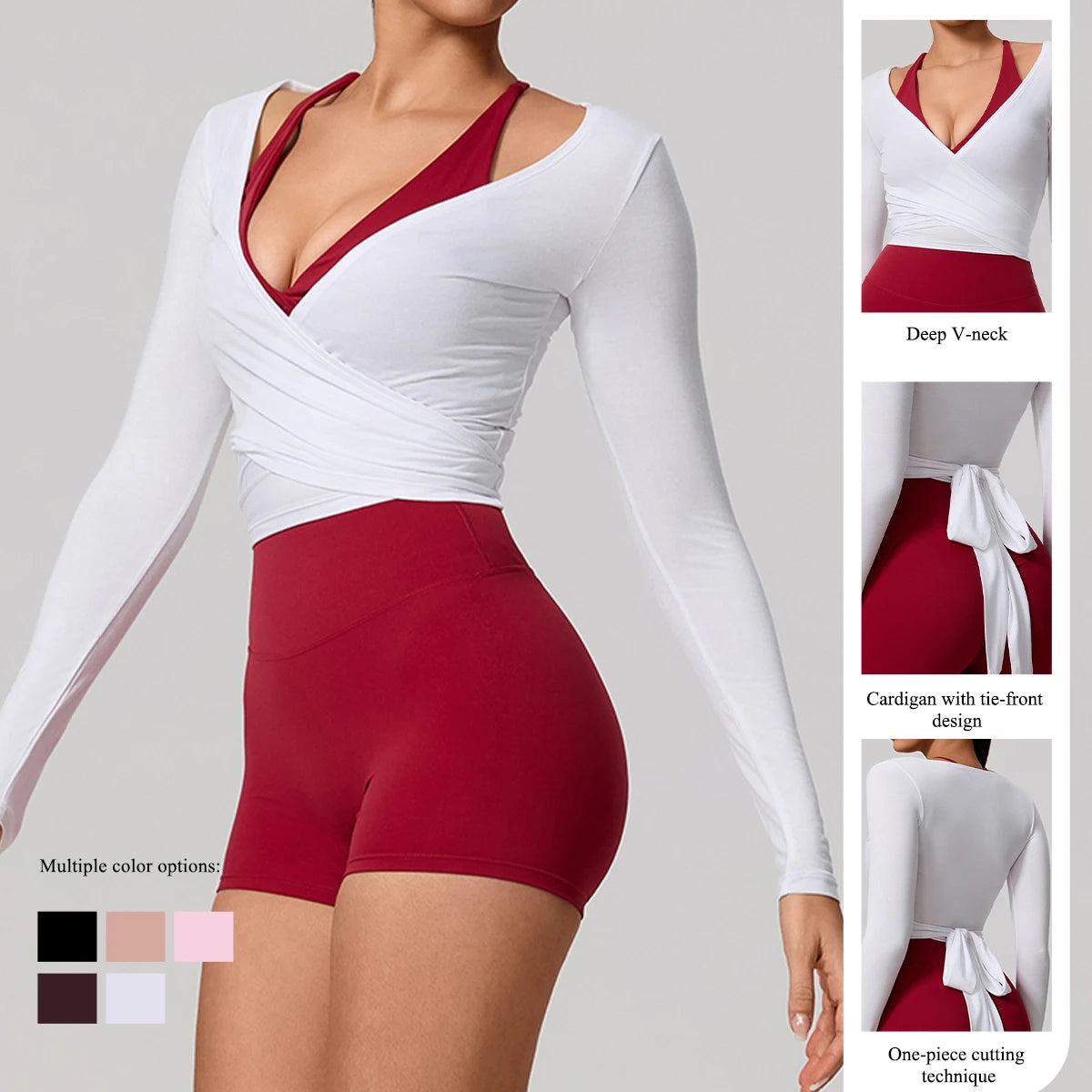 Women's Wrap Tie Front Long Sleeve Crop Top