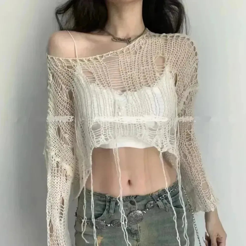 Women's Distressed Open Knit Cropped Pullover Crop Top