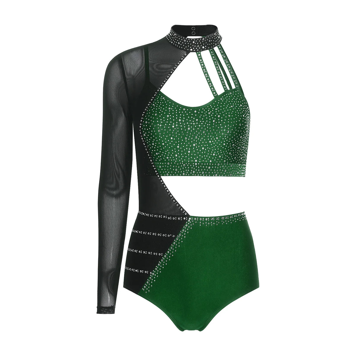 Women's Asymmetric Rhinestone Dance Bodysuit with Cutouts and Mesh Sleeve