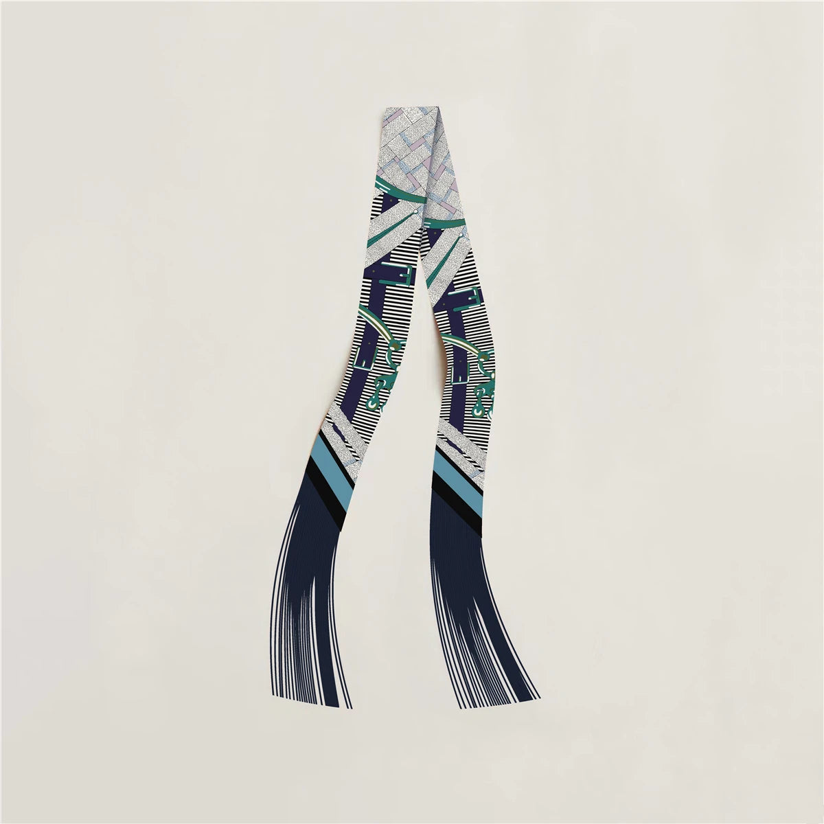 Printed Narrow Ribbon Scarf with Decorative Fringed Ends