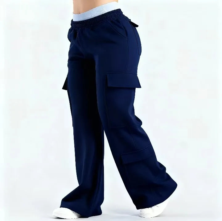 Women's Wide Leg Cargo Pants with Elastic Waist and Flap Pockets
