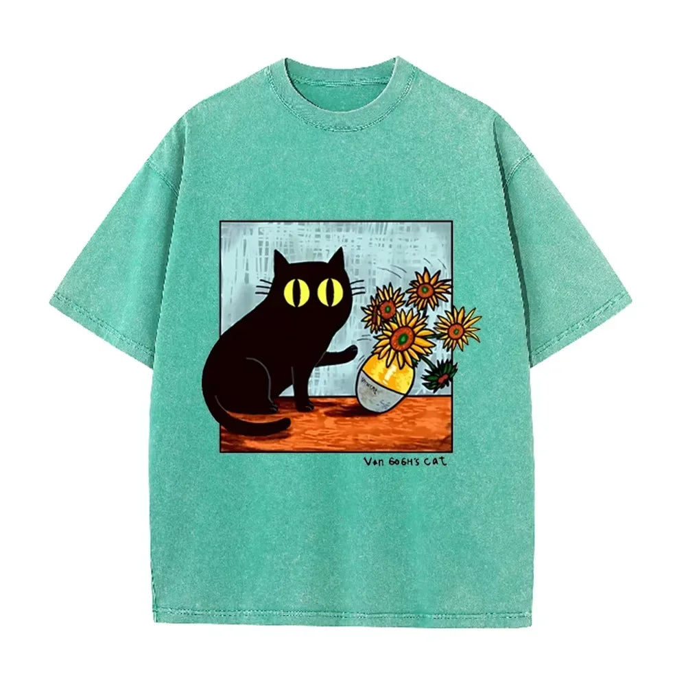 Funny Art Cat  Van Gogh's Cat Print Vintage Washed Blue Casual Graphic T Shirt