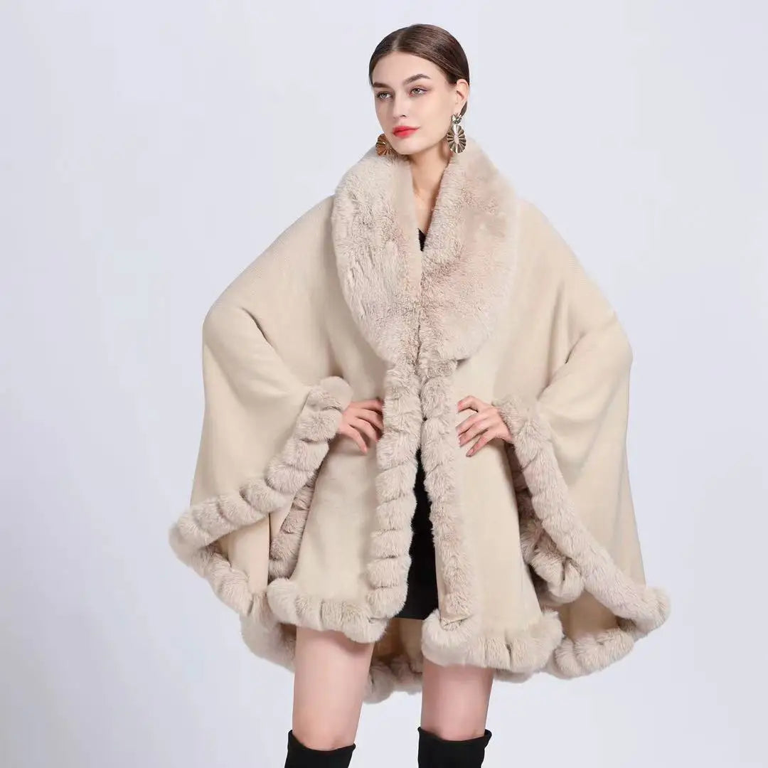 Plush Trim Hooded Poncho for Layering over Outfits