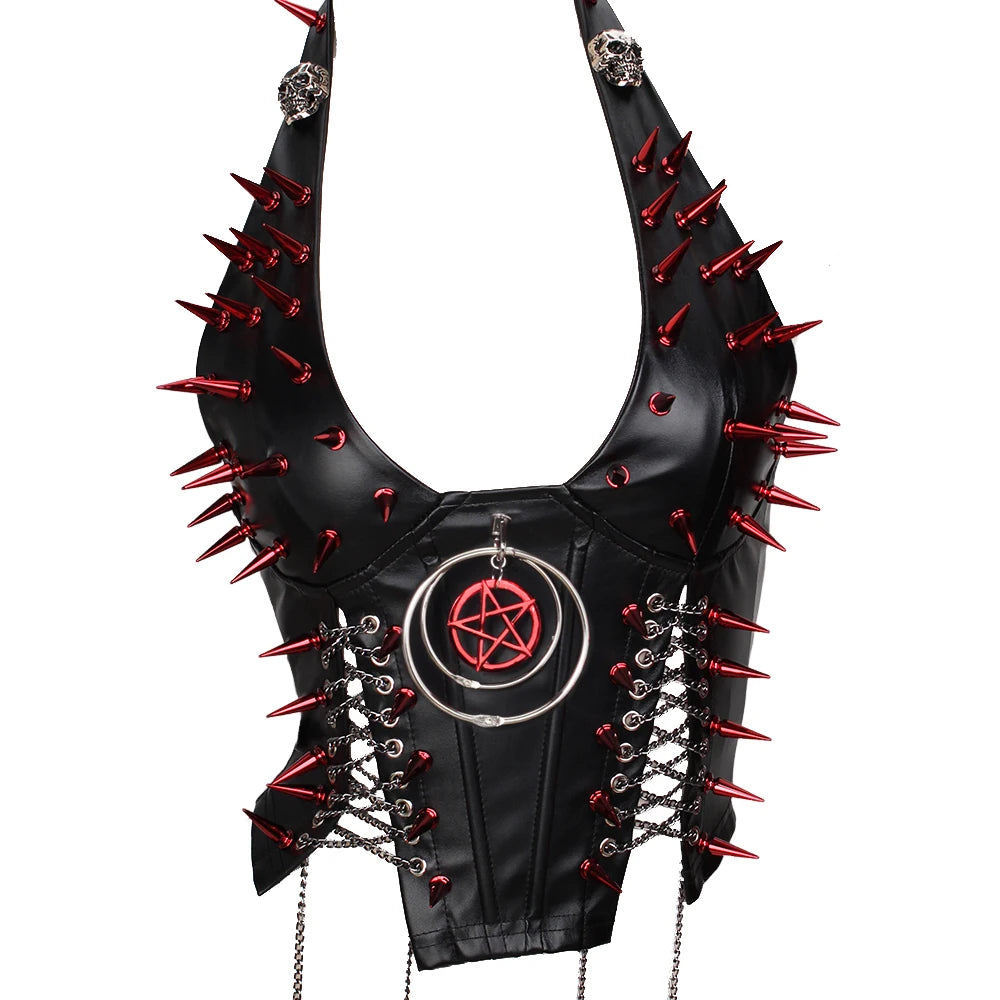 Women's Studded Crop Top with Decorative Spikes and Lace-Up Side Detailing